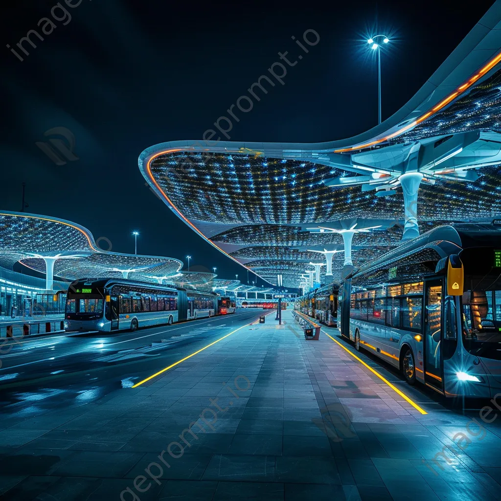 Smart transportation hub with autonomous shuttles and dynamic displays at night - Image 2