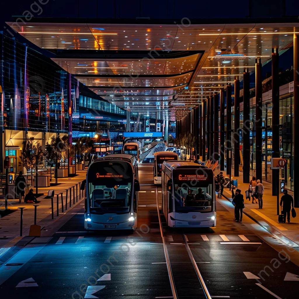 Smart transportation hub with autonomous shuttles and dynamic displays at night - Image 3