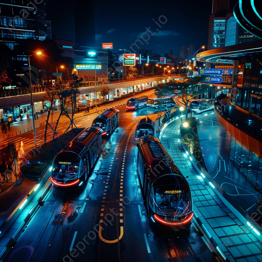 Smart transportation hub with autonomous shuttles and dynamic displays at night - Image 4