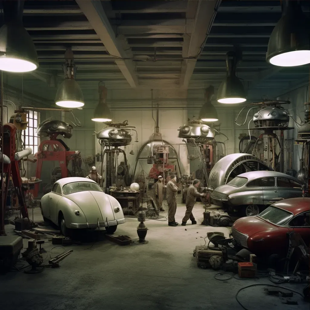 Vintage Car Garage with Robotic Mechanics