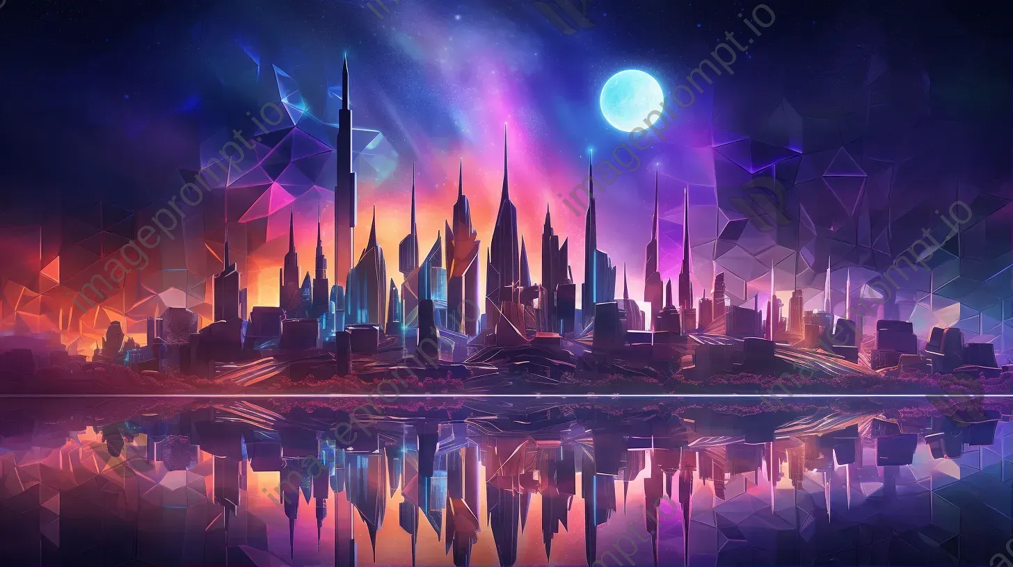 Low poly nocturnal cityscape on an alien planet with surrealistic, iridescent tones - Image 1