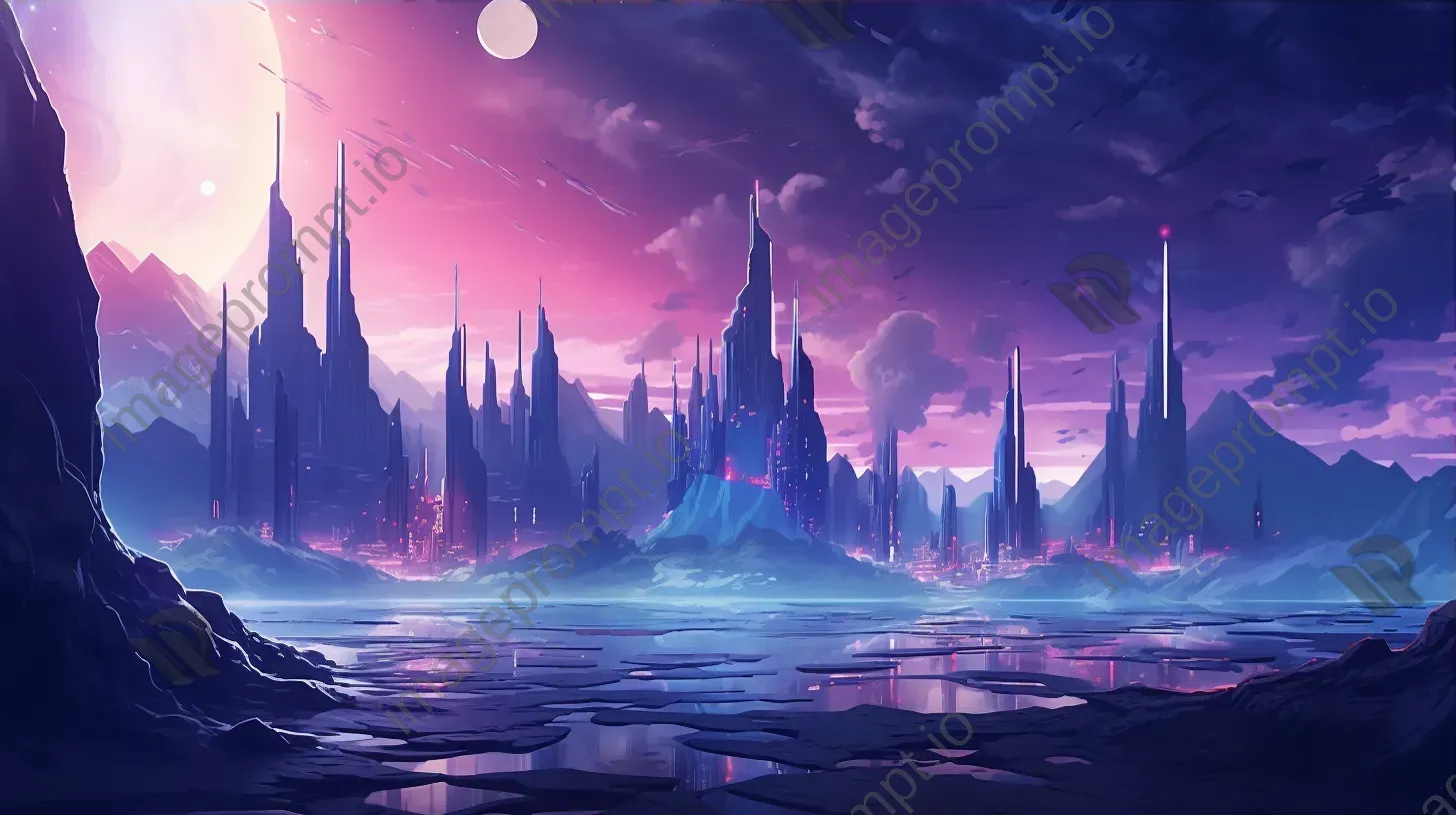 Low poly nocturnal cityscape on an alien planet with surrealistic, iridescent tones - Image 3