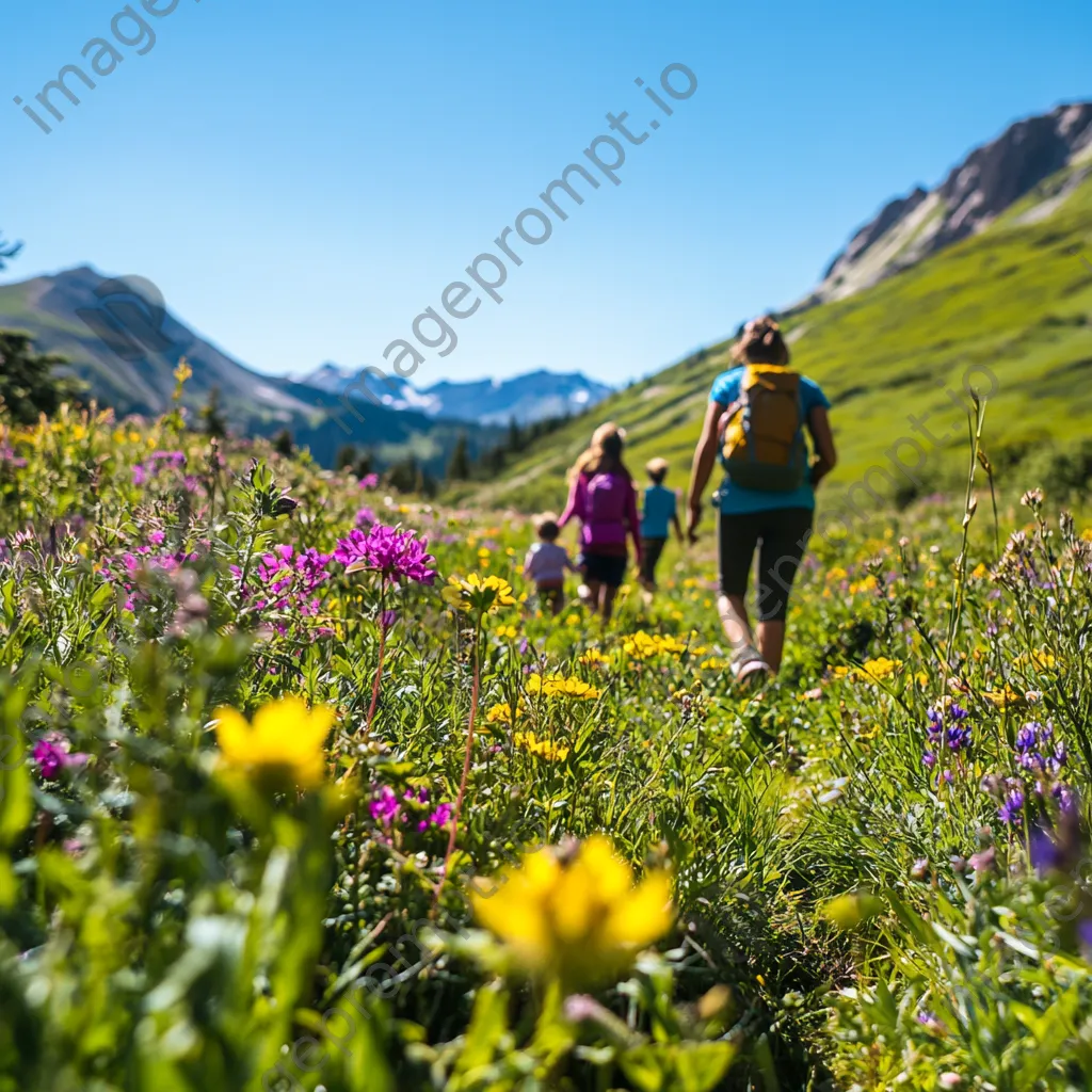 A family hiking through a colorful alpine meadow under clear skies. - Image 1