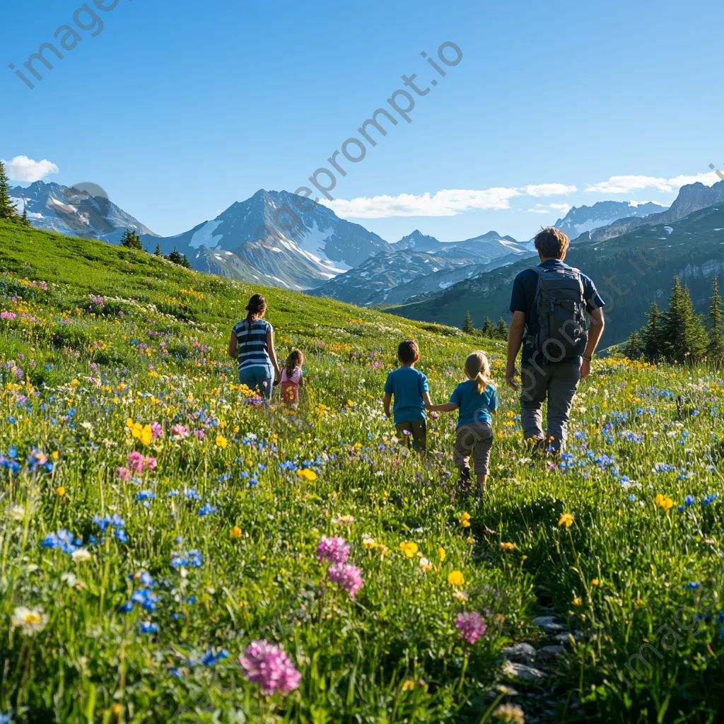 A family hiking through a colorful alpine meadow under clear skies. - Image 2