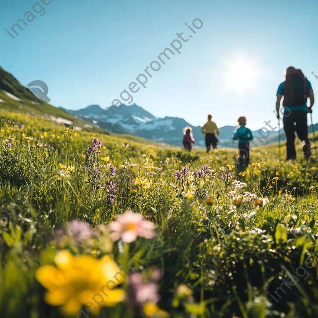 A family hiking through a colorful alpine meadow under clear skies. - Image 3