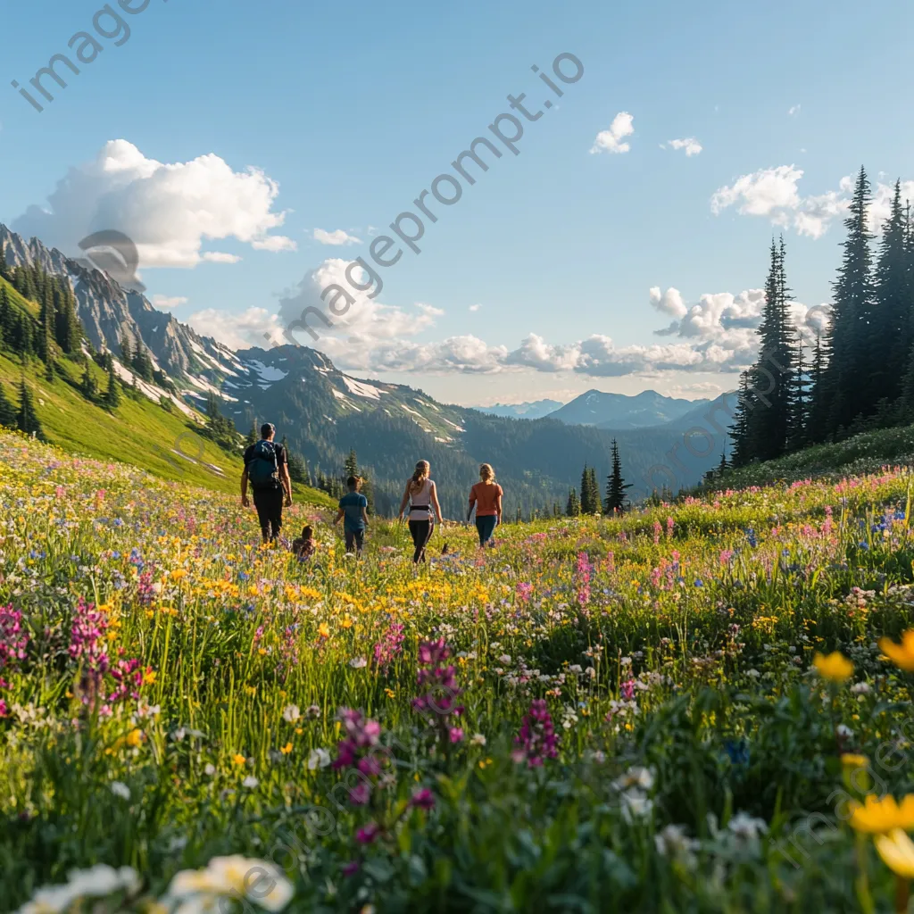 A family hiking through a colorful alpine meadow under clear skies. - Image 4