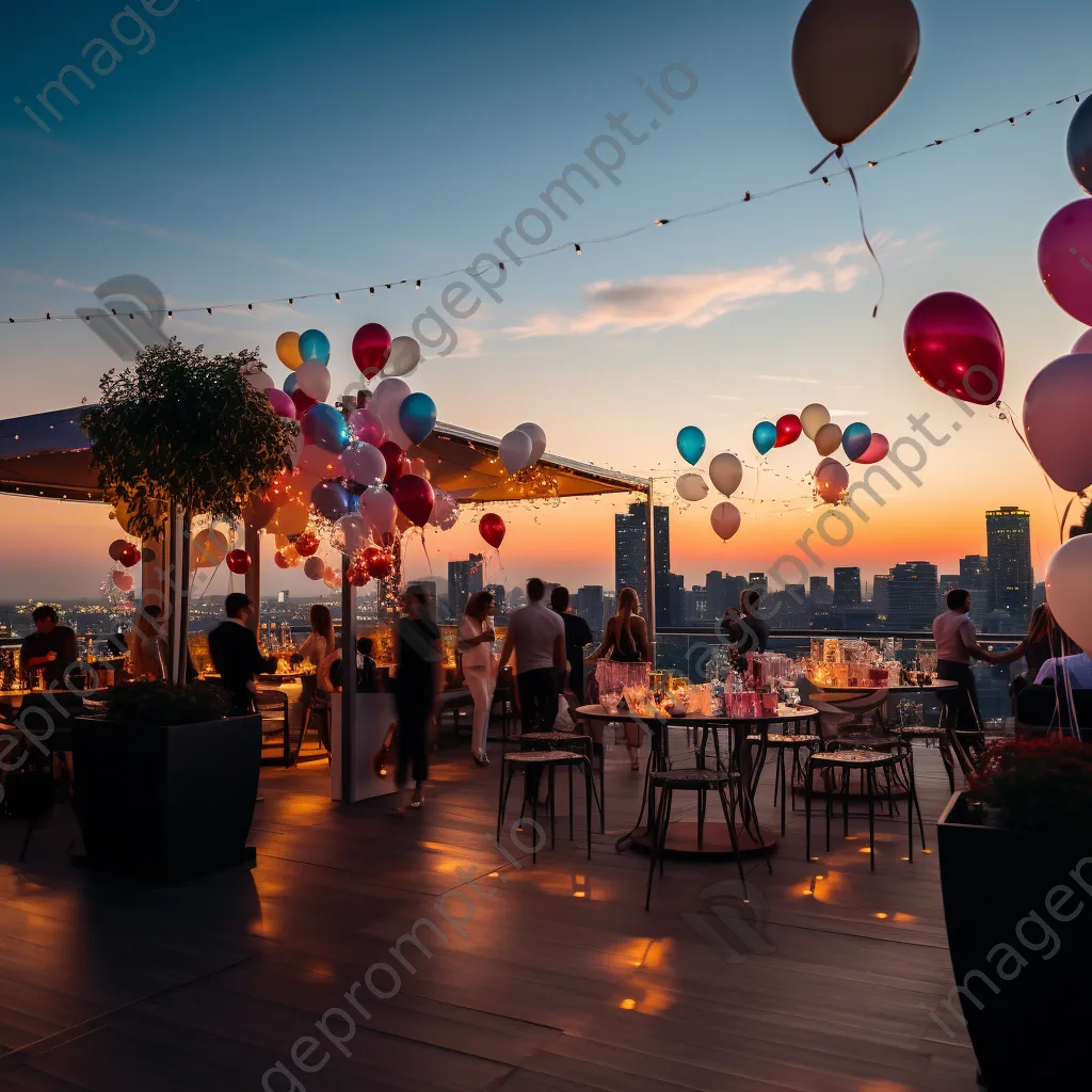 Elegant rooftop birthday party at sunset with balloons and a skyline view. - Image 1