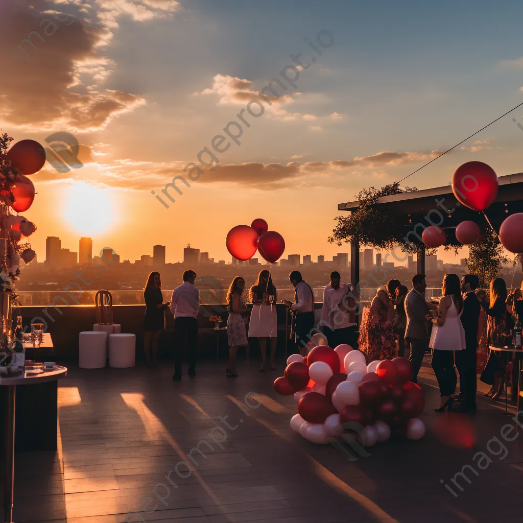 Elegant rooftop birthday party at sunset with balloons and a skyline view. - Image 2