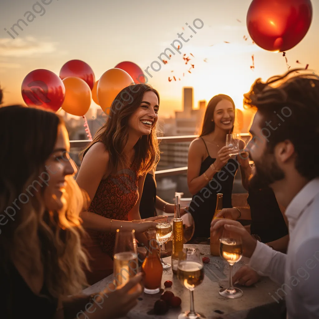 Elegant rooftop birthday party at sunset with balloons and a skyline view. - Image 3