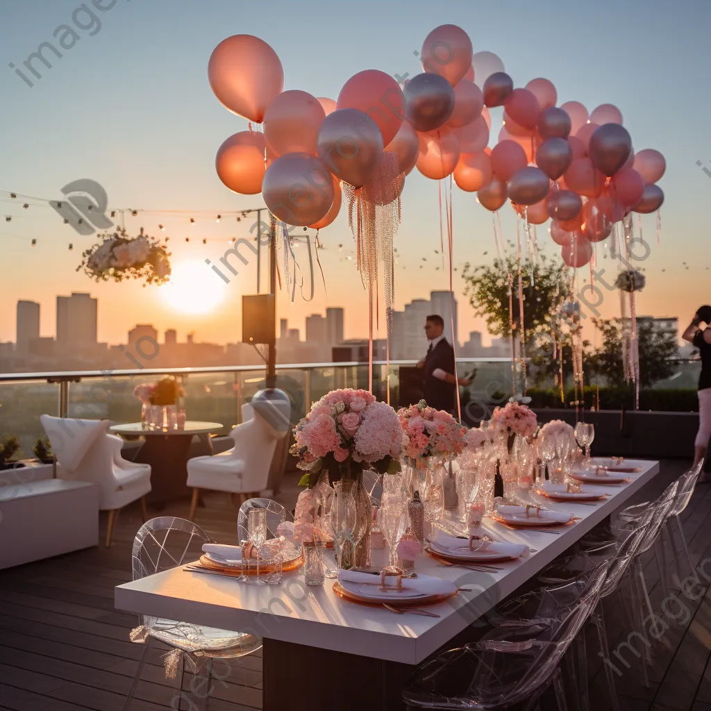 Elegant rooftop birthday party at sunset with balloons and a skyline view. - Image 4