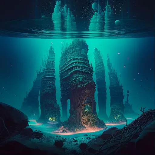 Ancient underwater city with bioluminescent lights - Image 1