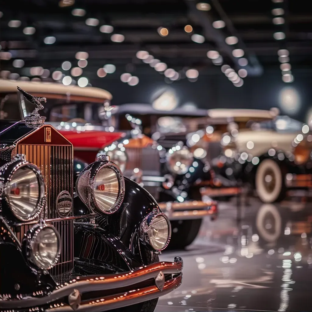 Vintage car museum exhibit with polished classic cars under spotlights - Image 2