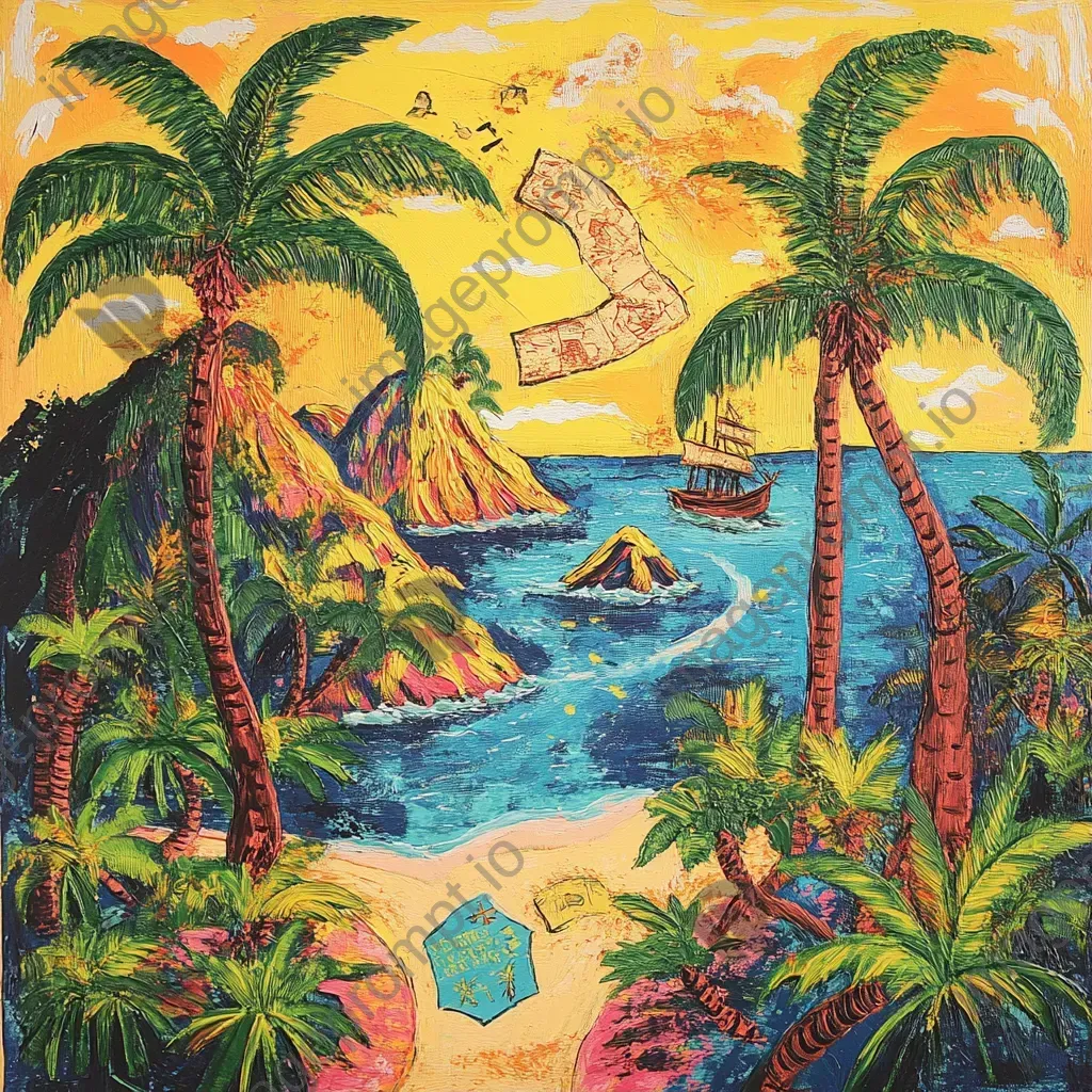 Lively image of children exploring a tropical island with coconut trees and hidden treasure map - Image 1