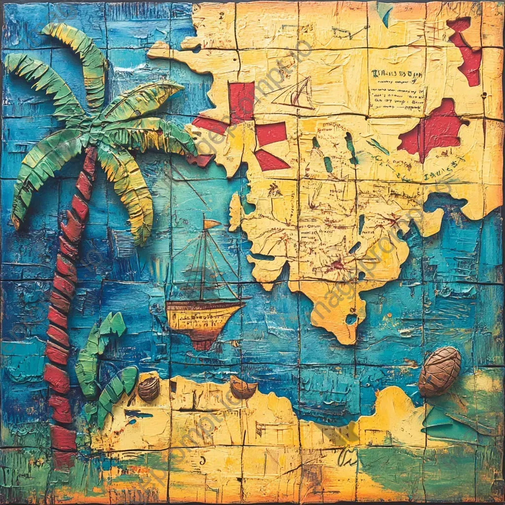 Lively image of children exploring a tropical island with coconut trees and hidden treasure map - Image 2