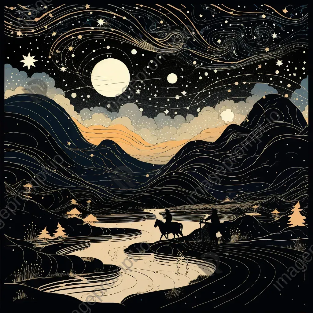 Woodblock print of constellations in the milky way depicted as mythical beats - Image 2