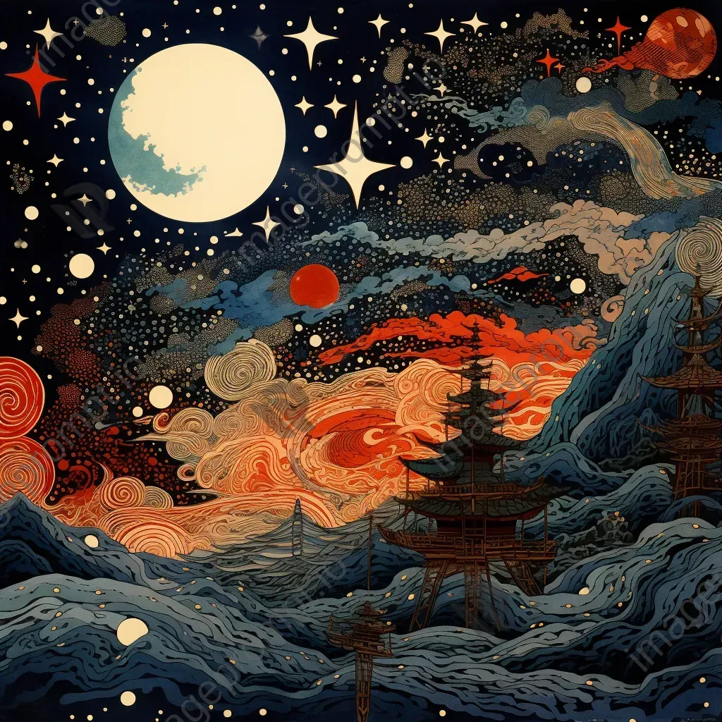 Woodblock print of constellations in the milky way depicted as mythical beats - Image 3