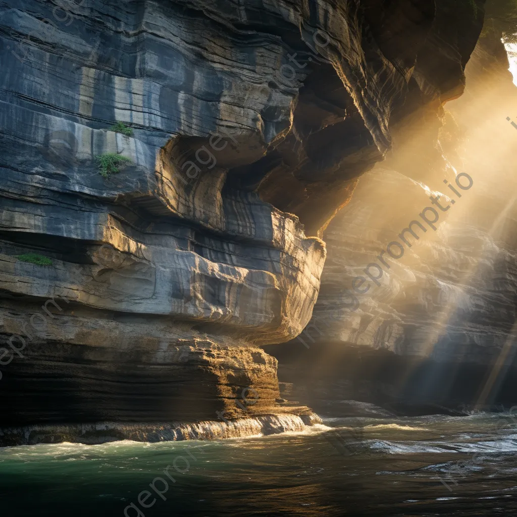 Majestic sedimentary rock cliff faces highlighted by sunbeams. - Image 1