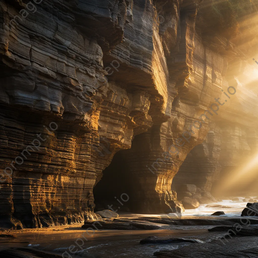 Majestic sedimentary rock cliff faces highlighted by sunbeams. - Image 2