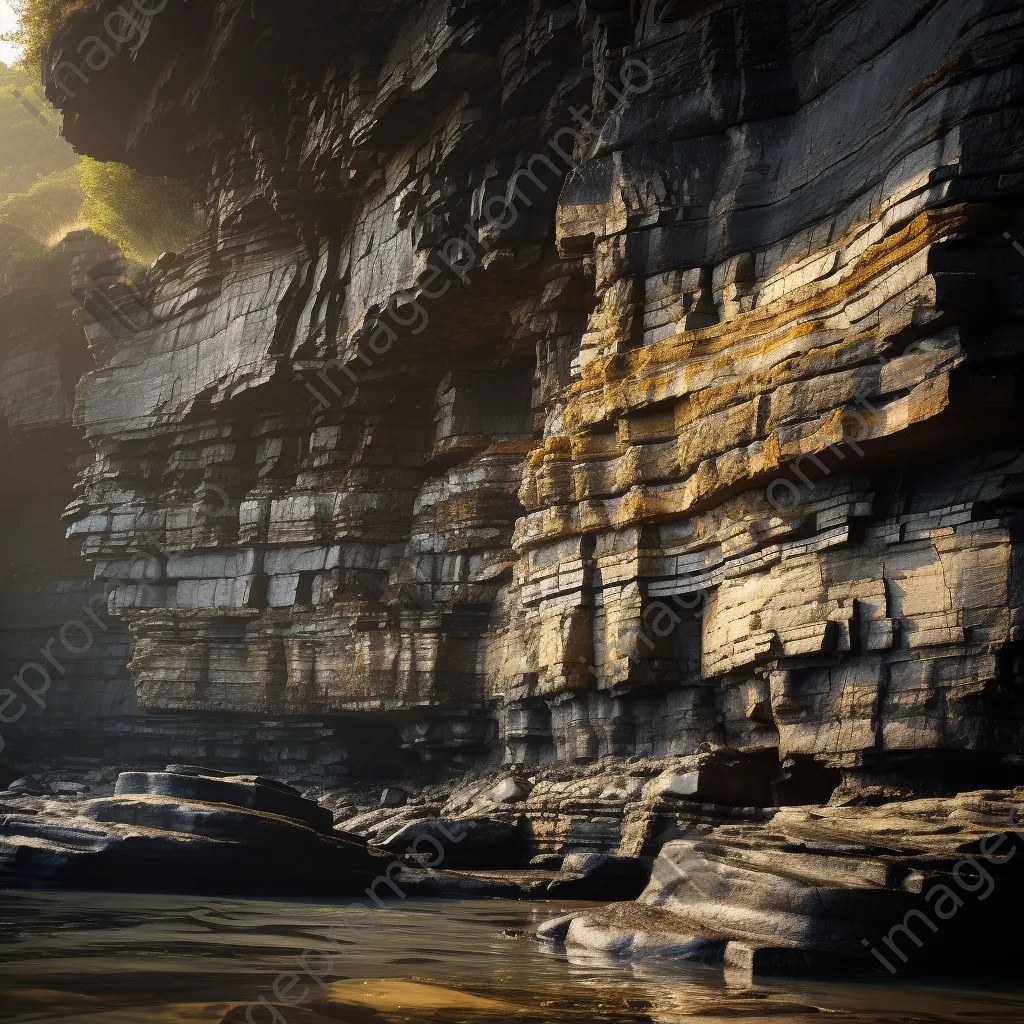 Majestic sedimentary rock cliff faces highlighted by sunbeams. - Image 4