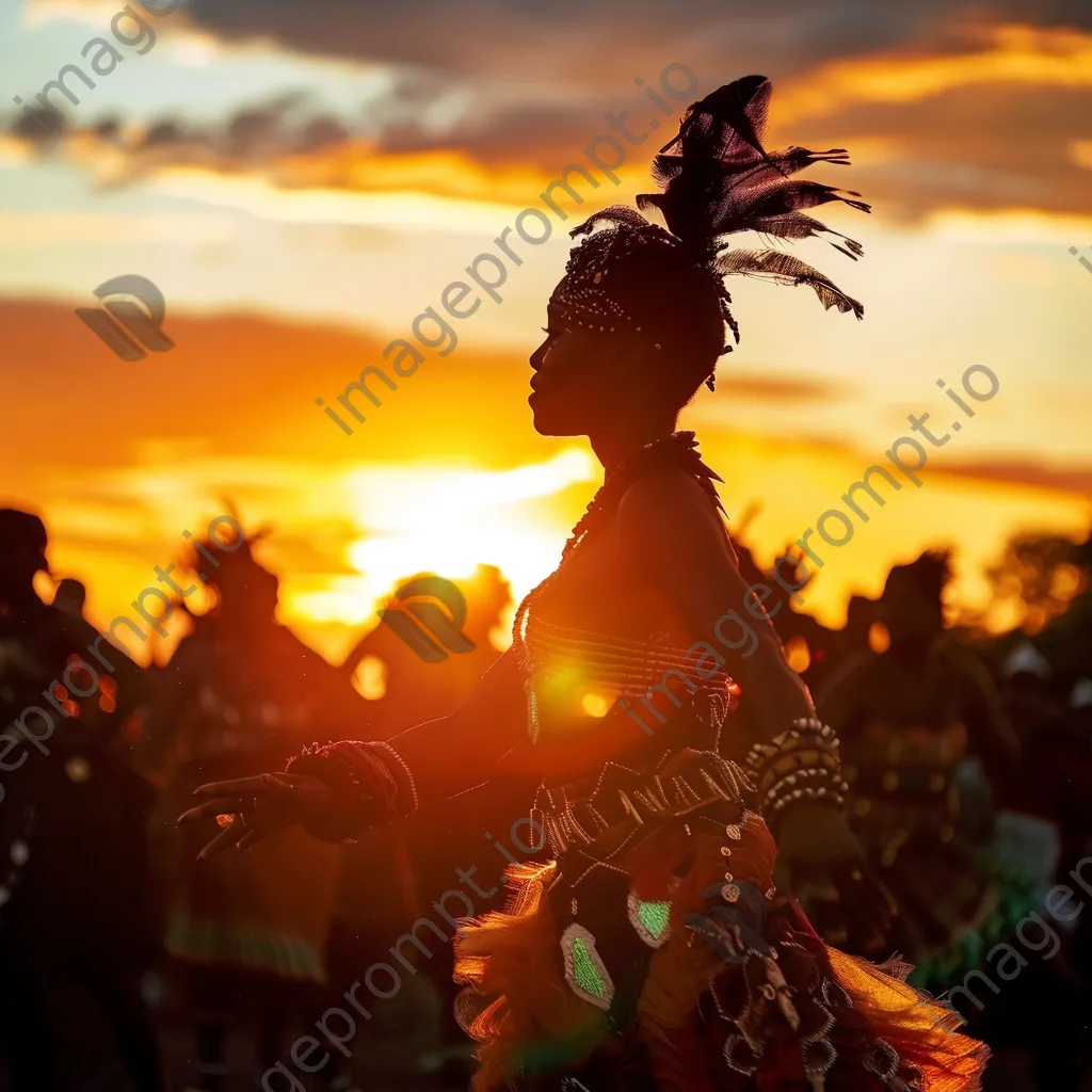 Performers in traditional attire dancing at sunset - Image 1