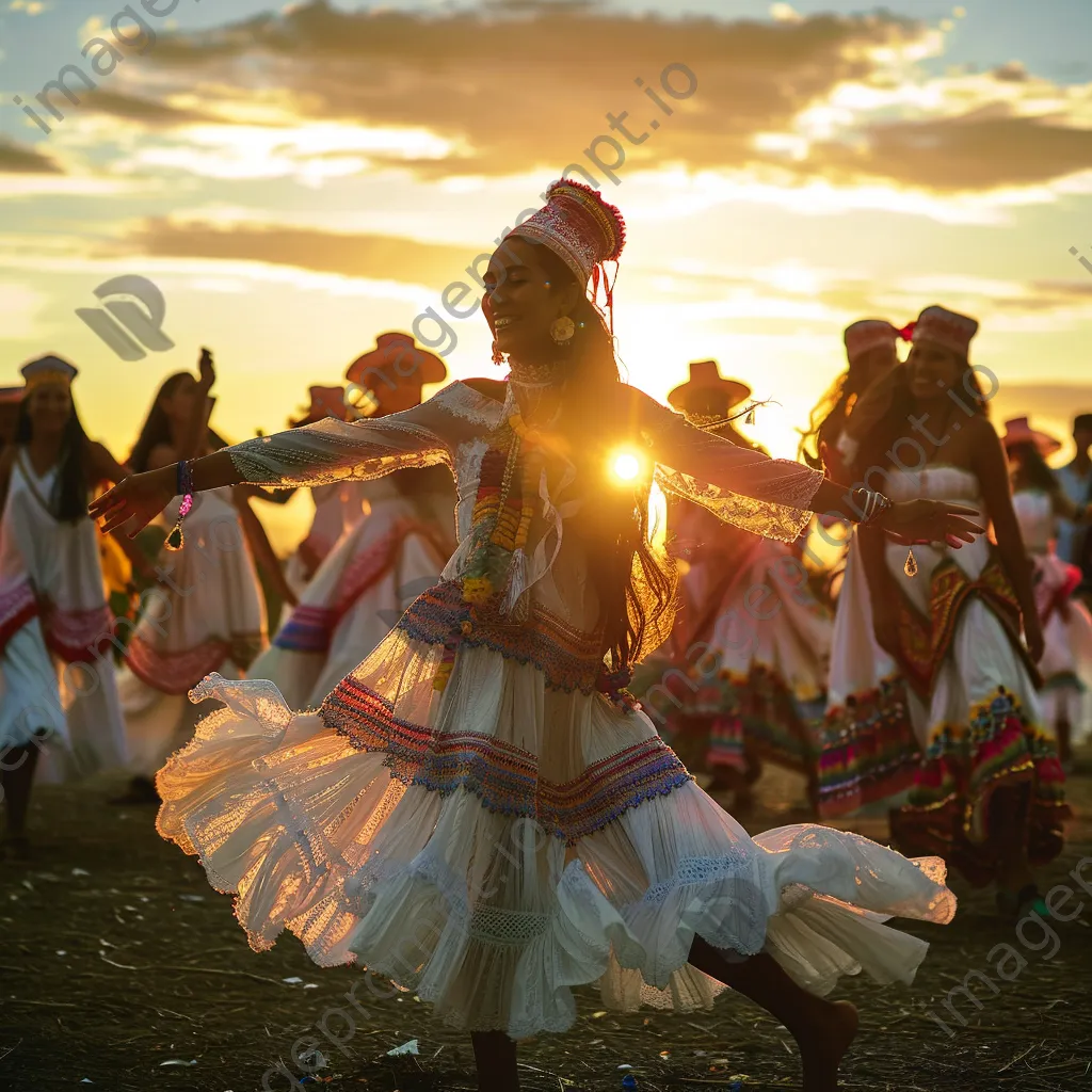 Performers in traditional attire dancing at sunset - Image 2