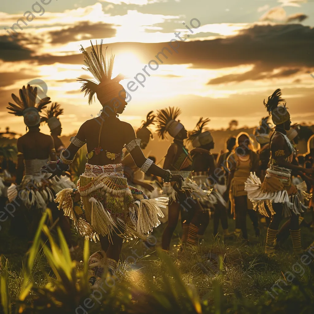 Performers in traditional attire dancing at sunset - Image 3