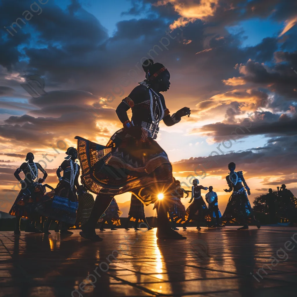 Performers in traditional attire dancing at sunset - Image 4