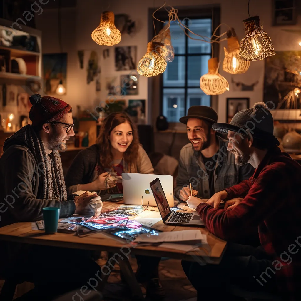 Group of creatives brainstorming at night with fairy lights - Image 1