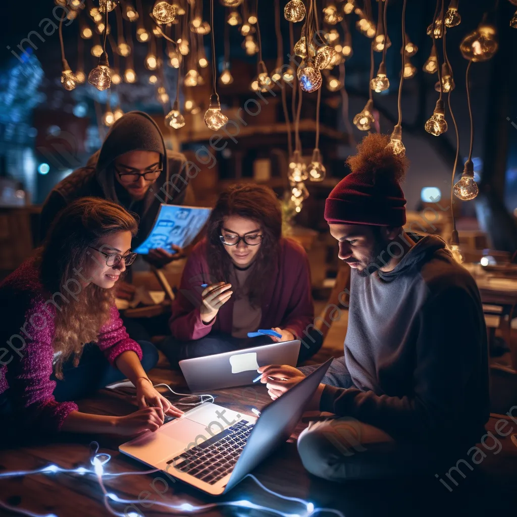 Group of creatives brainstorming at night with fairy lights - Image 2