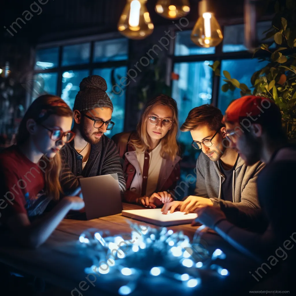 Group of creatives brainstorming at night with fairy lights - Image 3