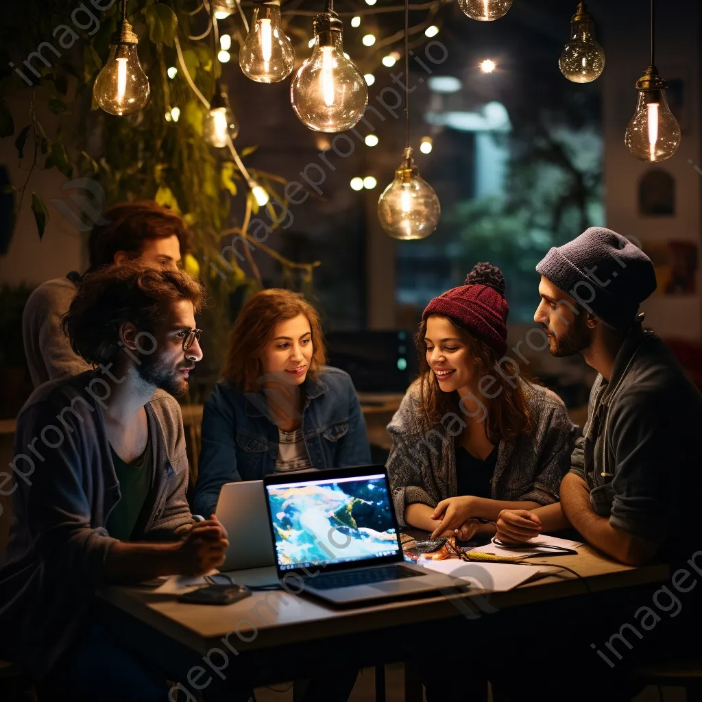 Group of creatives brainstorming at night with fairy lights - Image 4