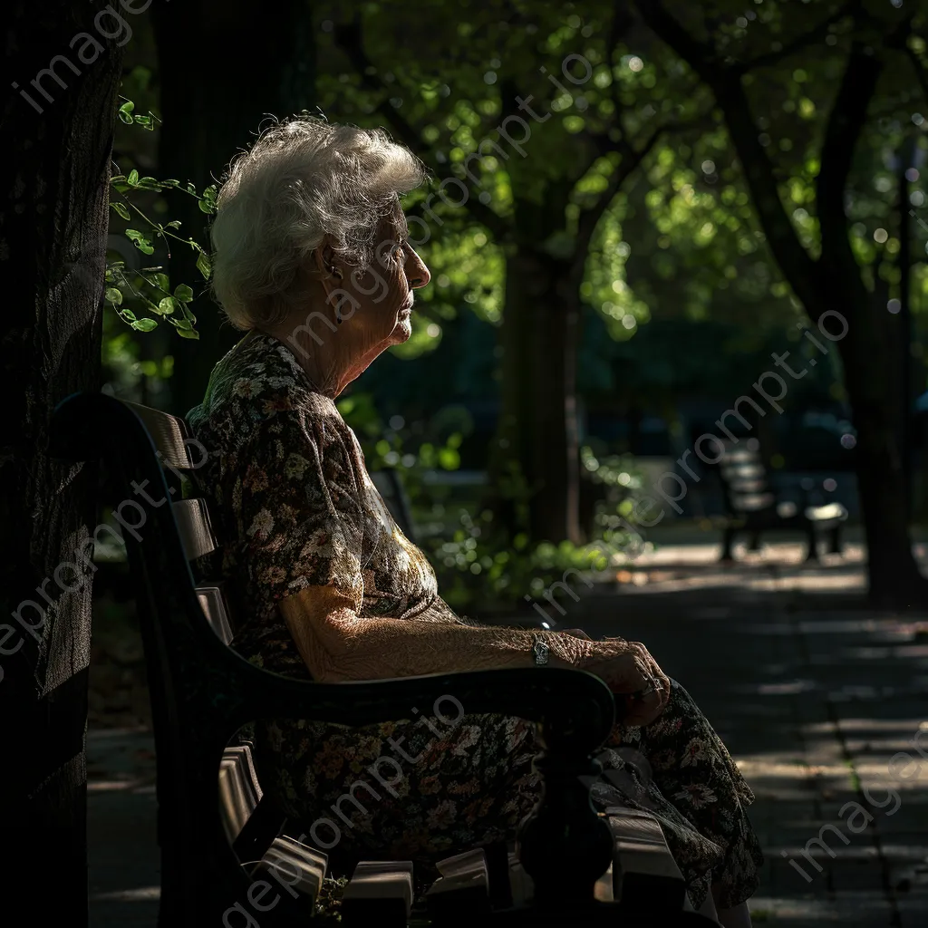 Black and white portrait of an elderly woman sitting on a bench deep in thought - Image 1