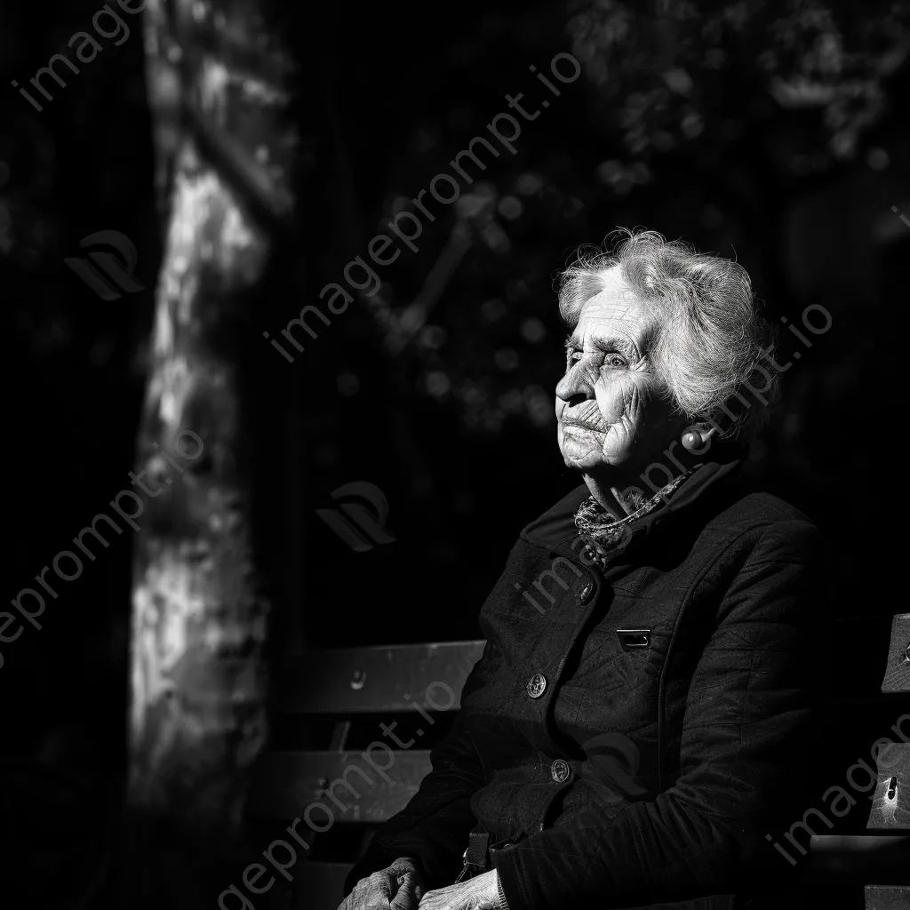 Black and white portrait of an elderly woman sitting on a bench deep in thought - Image 2