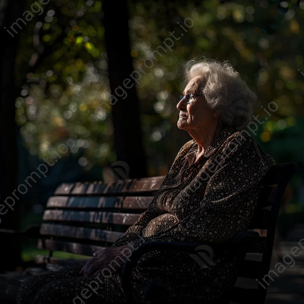 Black and white portrait of an elderly woman sitting on a bench deep in thought - Image 3