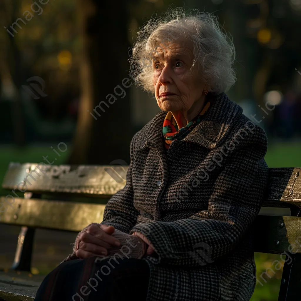 Black and white portrait of an elderly woman sitting on a bench deep in thought - Image 4