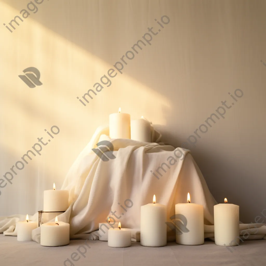 Soft white and cream colored candles on linen cloth. - Image 1