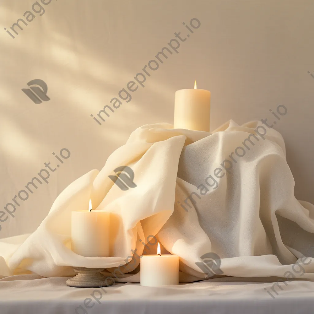 Soft white and cream colored candles on linen cloth. - Image 2