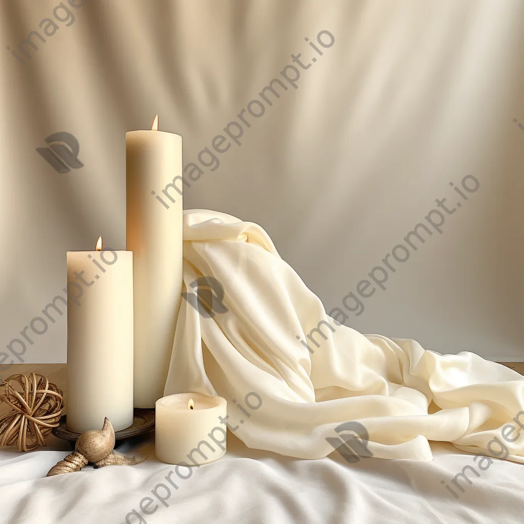 Soft white and cream colored candles on linen cloth. - Image 3