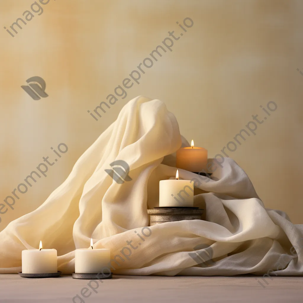 Soft white and cream colored candles on linen cloth. - Image 4