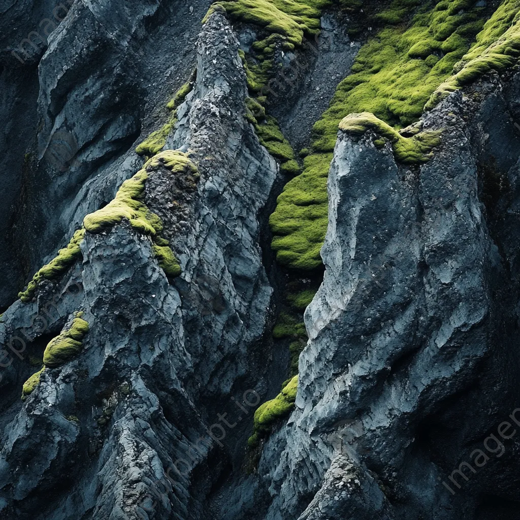 Volcanic landscape showing basalt columns contrasted with green moss - Image 1