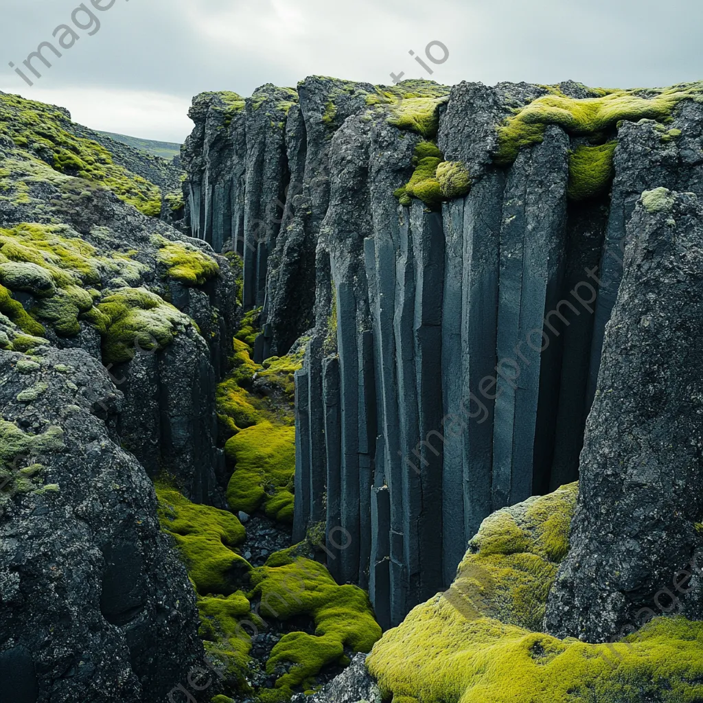 Volcanic landscape showing basalt columns contrasted with green moss - Image 2