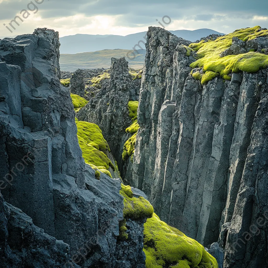 Volcanic landscape showing basalt columns contrasted with green moss - Image 3