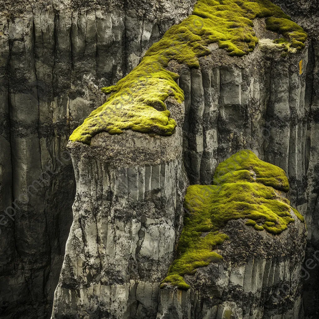 Volcanic landscape showing basalt columns contrasted with green moss - Image 4