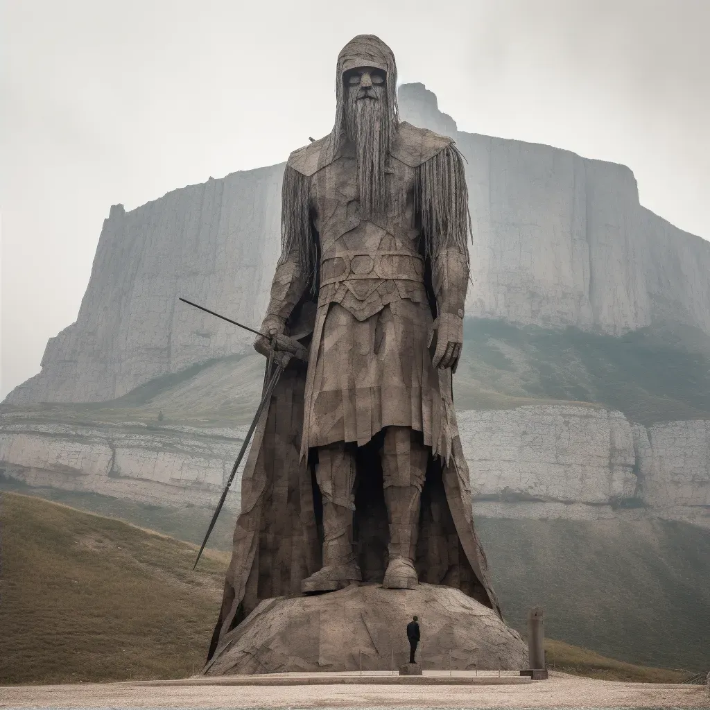 Medieval warrior standing at the foot of a colossal mountain - Image 2