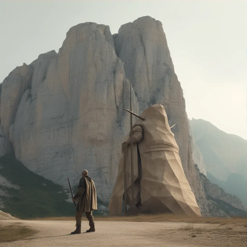 Medieval warrior standing at the foot of a colossal mountain - Image 3