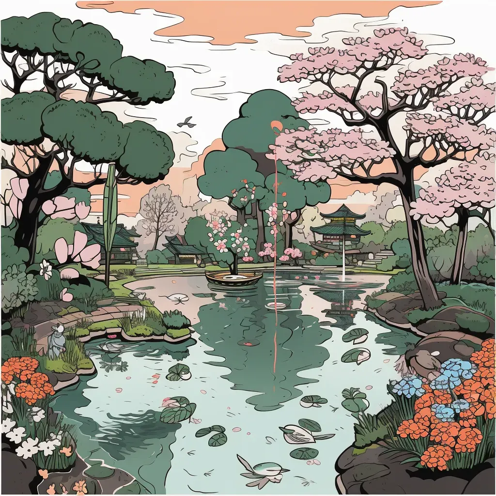 Illustration of a Japanese garden with cherry blossoms and bonsai trees - Image 1