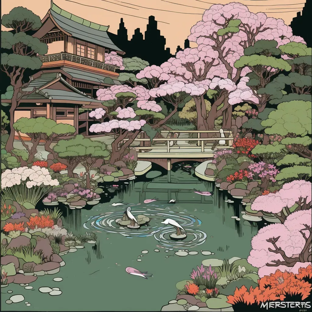 Illustration of a Japanese garden with cherry blossoms and bonsai trees - Image 2