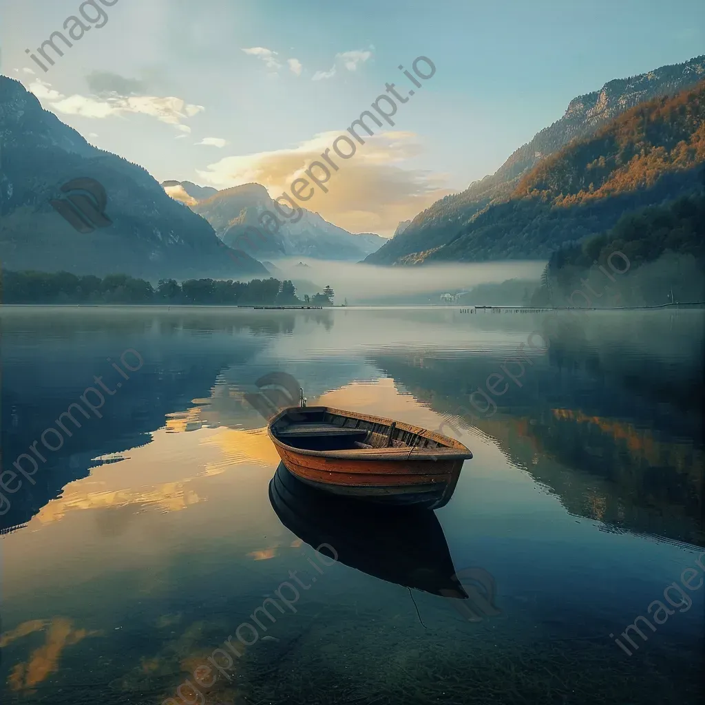 Golden hour at serene lake with misty mountains and lone boat - Image 2