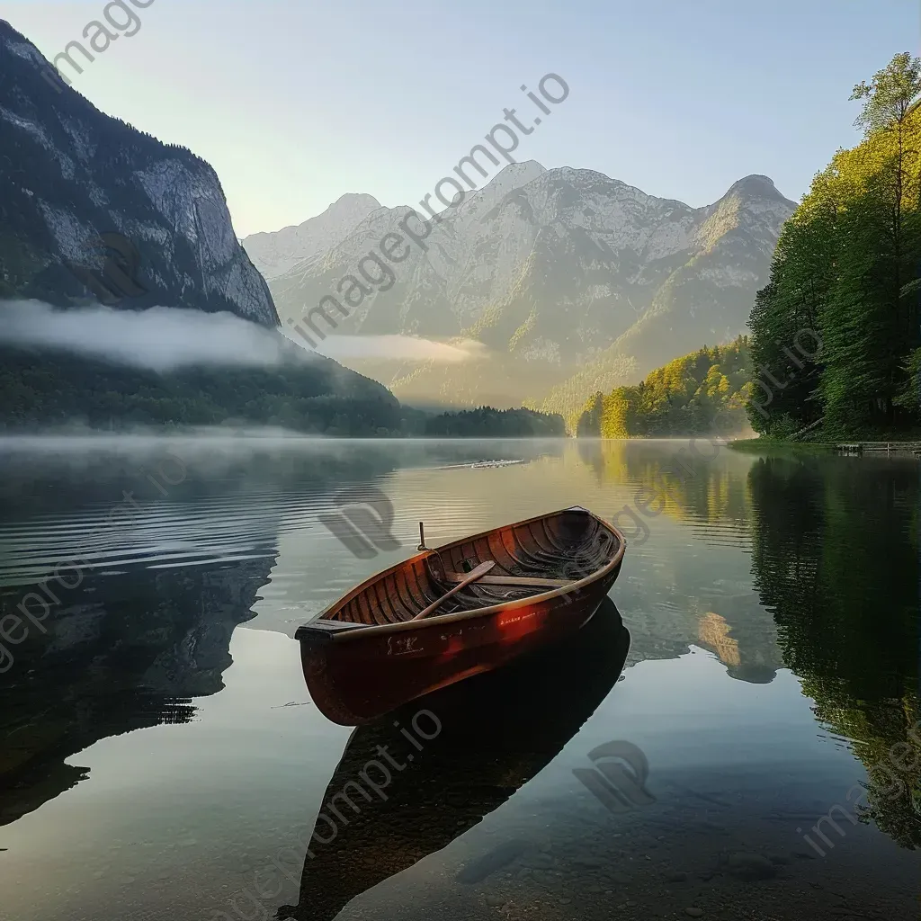 Golden hour at serene lake with misty mountains and lone boat - Image 3