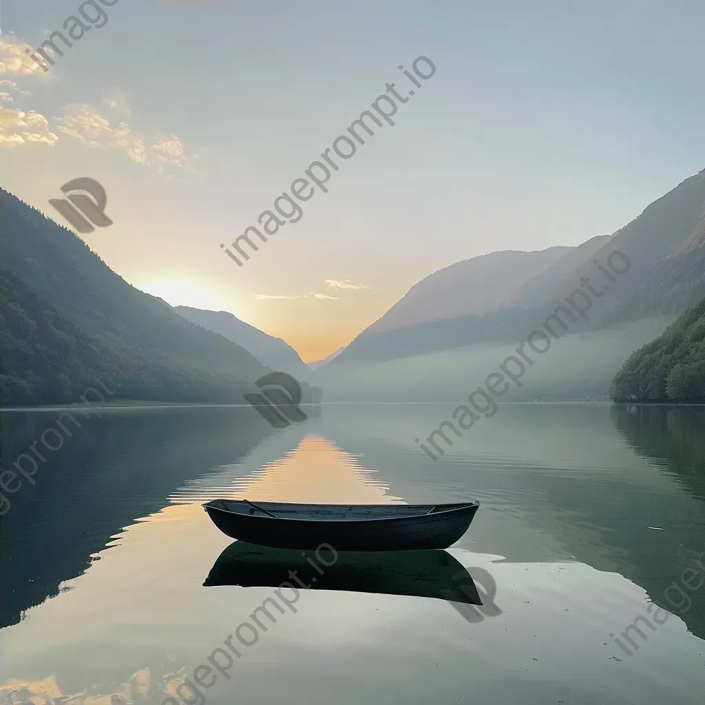 Golden hour at serene lake with misty mountains and lone boat - Image 4